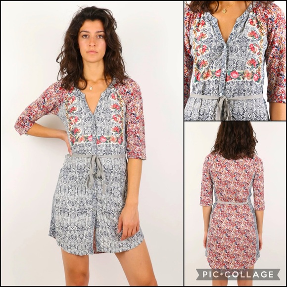 Anthro Tiny Floral Damask Mixed Media Buttondown Belted Shirtdress Dress - Picture 4 of 13